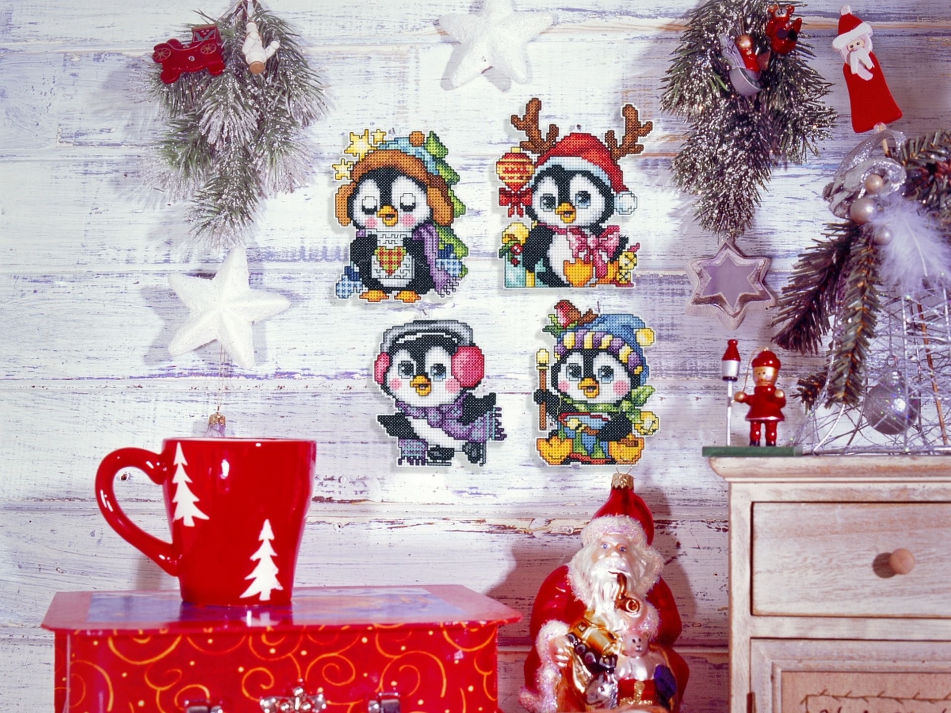 Plastic canvas counted cross stitch christmas ornaments penguins